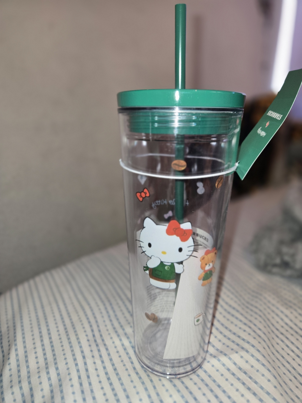 Starbucks Green-Lid Hello Kitty Clear Tumbler with Orange Accents
